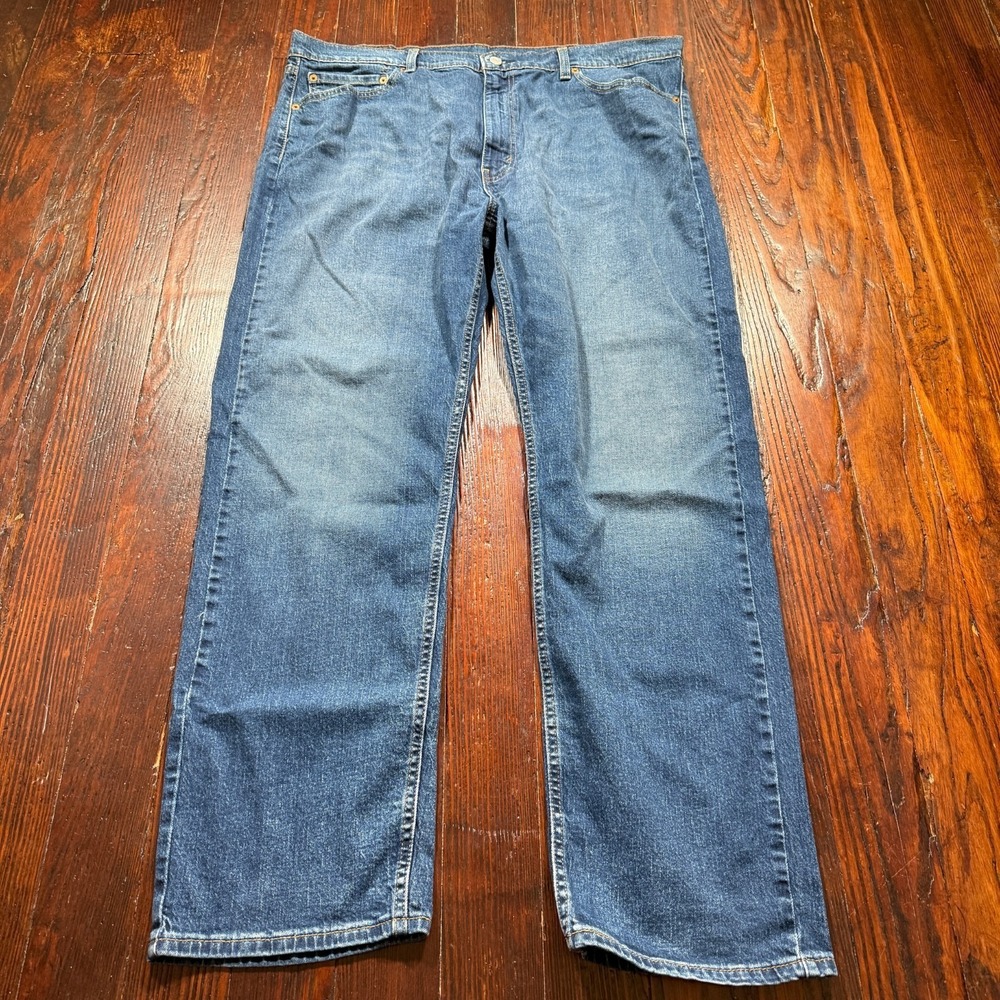 Levis 505 Jeans Mens 42x32 Blue Straight Leg Stretch Faded Whiskers Cowboy Biker
